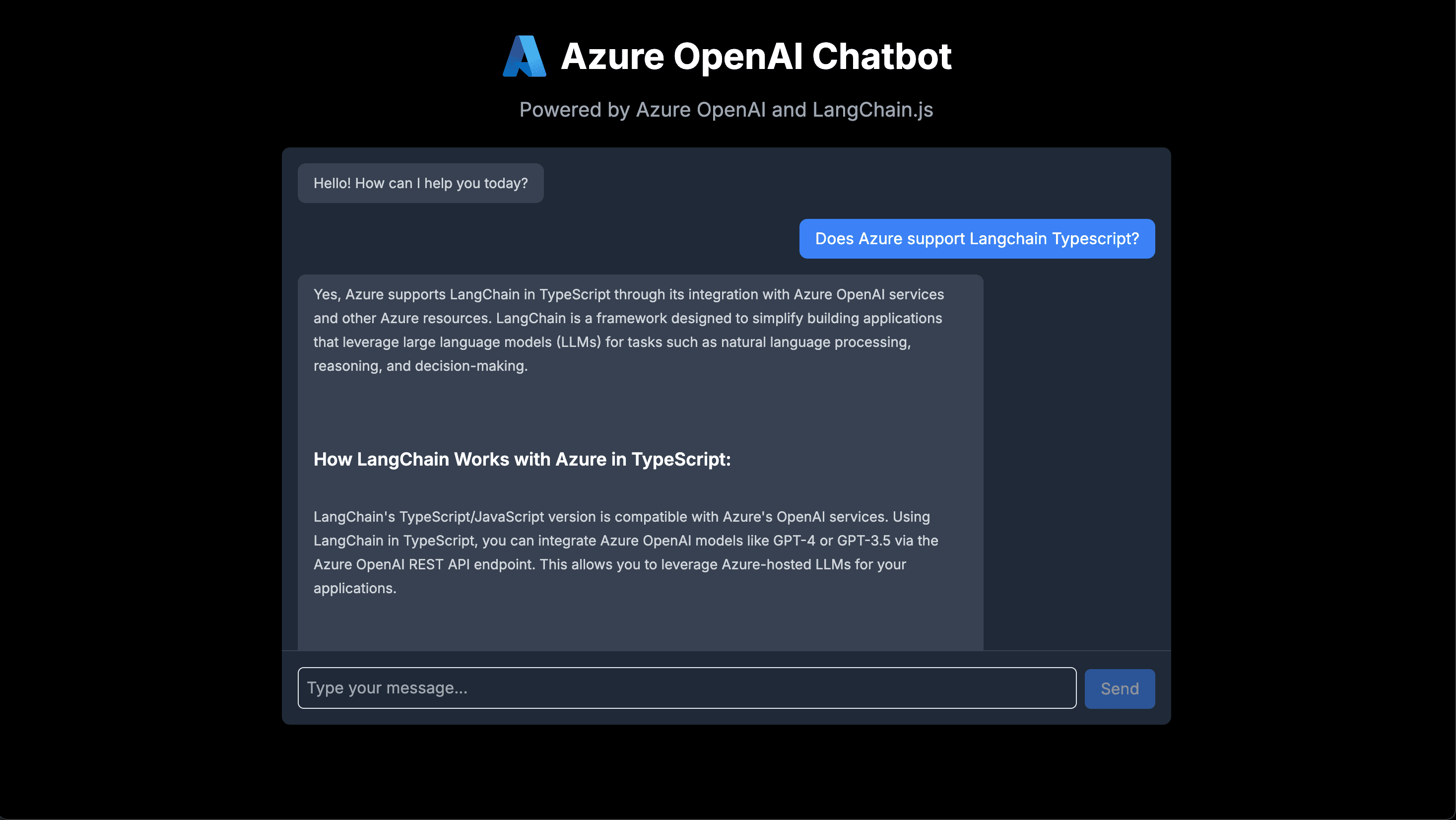 Tool for organizing and tracking development projectsA modern, responsive chatbot application built with TypeScript, Next.js 15.2, and LangChain.js that leverages Azure OpenAI services.